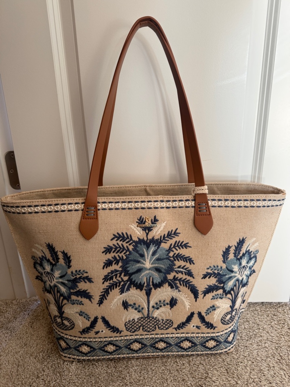 Spartina 449 Blue Floral Woven Tote with Tan Straps